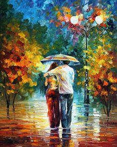 two people walking in the rain under an umbrella with trees and street lights behind them