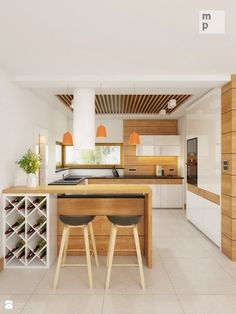 a kitchen with two bar stools next to a wine rack in the middle of it