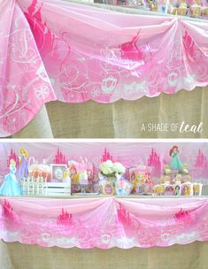 there are two pictures of the table with princess decorations on it, and one is pink