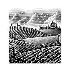 a black and white drawing of a farm field with houses on the hill in the distance