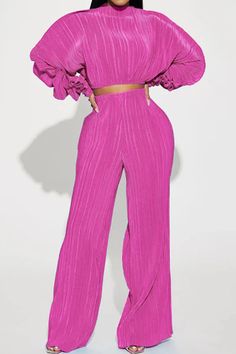 Olivia Mark - Long Sleeve Turtleneck and Wide Leg Pants Set in Rose Red Pleated Crop Top, 2piece Outfits, Casual Turtleneck, Red Turtleneck, Mock Neck Long Sleeve, Classy Dress Outfits, Long Sleeve Turtleneck, Pant Set, Classy Dress