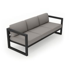 a gray couch sitting on top of a wooden frame