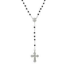 A reverent accessory that combines elegance with devotion, this Symbols of Faith rosary features black beads and a pewter finish that add a touch of timeless beauty to your prayer rituals. A reverent accessory that combines elegance with devotion, this Symbols of Faith rosary features black beads and a pewter finish that add a touch of timeless beauty to your prayer rituals. FEATURES Drop length: 8.75 in. Chain length: 24 in. Nickel safe Metal: alloy Material: glass Plating: pewter tone Finish: Silver Crucifix Jewelry With Black Beads, Silver Rosary Bracelet With Black Round Beads, Silver Cross Jewelry With Black Beads, Silver Rosary With Black Beads And Crucifix, Silver Rosary With Black Beads As Gift, Adjustable Silver Rosary With Black Beads, Mother Mary Rosary, Symbols Of Faith, Images Of Mary