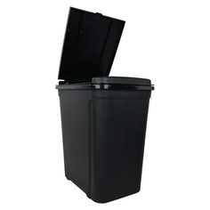 a black trash can with its lid open