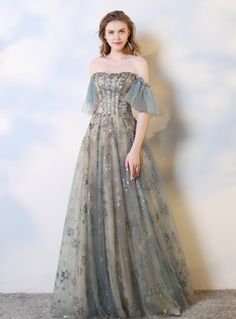 Ice Clothes, Blue Gray Dress, Champagne Ball Gown, Corset Prom Dress, Grey Evening Dresses, Tulle Neckline, Wedding Dress Cap Sleeves, Corset Dress Prom, Clothes Ideas