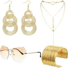 Warm Note: Please Allow 0.5 - 1 Inch Differs Due To Manual Measurement, Please Check The Size Information Before Purchasing 70's Disco Jewelry Set: The Sunglasses Are Designed With Gradient Frame And Brown Lens That Would Bring You Cool Look, Wire Metal Coil Bracelets, Triple Swirls Disco Earrings And Layered Choker Necklace Are All In Gold Color, Gorgeous And Luxurious Quality Material: 70's Disco Accessories Are Made Of Quality Materials That Are Non-Toxic And Safe, Nice Gifts For You To Share 70s Necklace Disco, 70s Jewelry Disco, Disco Ideas, Disco Jewelry, Bracelets Layered, Disco Earrings, 70s Accessories, 70s Jewelry, Halloween Things