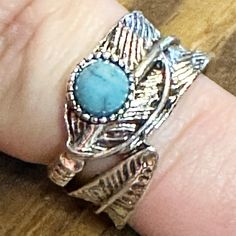 Antiqued Silver Ring With Feather Detail And Turquoise Stone. Bohemian Blue Stackable Turquoise Ring, Bohemian Stackable Blue Turquoise Ring, Nickel-free Turquoise Metal Rings, Blue Bohemian Stackable Rings, Feather Wrap, Antique Silver Rings, Wrap Ring, 7 Rings, Ring Color