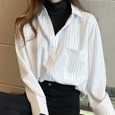 Brand New Turtle Neck And White Shirt Outfit, Turtle Neck With Button Up Shirt, Korean Fashion Business Casual, Collar Shirts Outfits, White V-neck Chic Shirt, Casual Striped Blouse For Business Casual, White Long Sleeve Office Tops, White Long Sleeve Tops For Office, White Button-up Tops For Fall