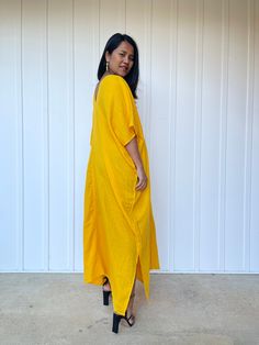 MALA handworks Grace Double Gauze Cotton Kaftan in Yellow Turmeric Cotton Kaftan Dress, Cotton Caftan, Cotton Kaftan, Hang Loose, Caftan Dress, Double Gauze, Kaftan Dress, Tie Dyed, By The Sea