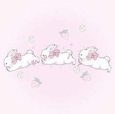 three white rabbits with pink bows are floating in the air and surrounded by daisies