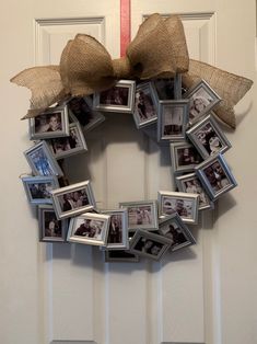 a wreath made out of photos hanging on a door with a burluck bow