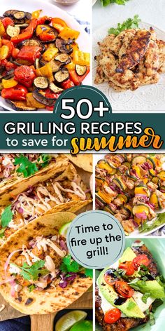 collage image of different grilling recipes, including grilled vegetables, grilled shrimp tacos, grilled chicken kebabs, grilled marinated chicken. Grilled Food Recipes, Summer Grilling Ideas, Grilled Vegetable Salads, Outdoor Cooking Recipes, Recipes For Summer, Summertime Recipes, Grilled Tofu, Classic Recipes