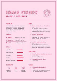 a pink and red resume template for graphic designers, with the words donna stroupe on