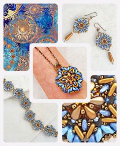 several pictures of jewelry including necklaces, earrings and bracelets with beads on them