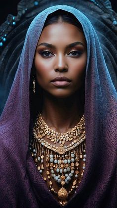 a woman wearing a purple veil and jewelry