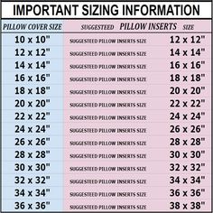 the measurements for different sizes of pillows and pillow inserts are shown in this chart