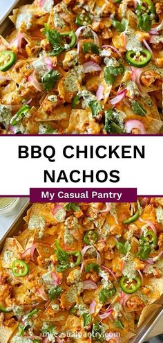 a casserole dish with chicken nachos in it and the words bbq chicken nachos on top