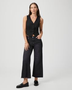 This modern high-waisted wide leg has an easy, relaxed fit and an ankle length silhouette. This style is cut from our PAIGE Vintage denim and comes in a vintage black wash with whiskering, fading, and a raw hem. PAIGE Vintage takes all of the work out of breaking in your favorite pair of vintage jeans. We've combined the comfort of stretch with everything you love about authentic vintage denim to create super soft jeans that feel perfectly lived-in from the very first wear. | Anessa Wide Leg Jea Black Lotus, Soft Jeans, Breaking In, Men Store, Flagstaff, Denim Shoes, Vintage Jeans, Vintage Denim, Denim Women