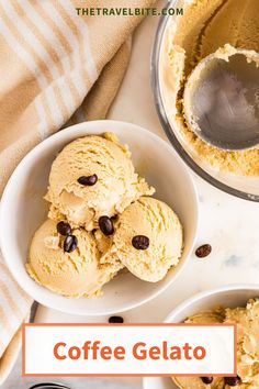 three bowls filled with ice cream and chocolate chips