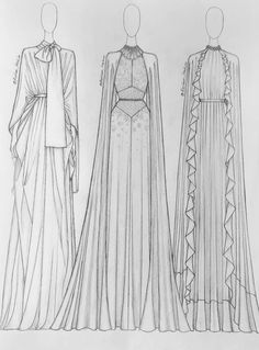 three dresses and capes are shown in this drawing