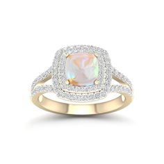 Crafted in sterling silver with 10k yellow gold overlay, this ring showcases a 7x7mm cushion cut Created Opal gemstone, prong set at the center of a split shank. Round cut created white sapphires adorns the cushion shape frames enclosing the center stone. The split shank is touched with round cut created white sapphires adding more sparkle. Finished to a bright polished shine, this magnificent created opal ring for women is certain to catch attention. Size: 7.5.  Color: Metal Type.  Gender: fema Silver Cushions, Gold Overlay, Split Shank, White Sapphire, Gold Plated Silver, Opal Gemstone, Opal Rings, Cocktail Ring