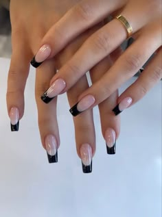 Square Oval Black French Tip Nails, Olivia Dejarnett Nails, Dark French Tip Nails Square, Color Tip Acrylic Nails, Nails W Red Dress, One Hand Black One Hand White French Tips, Summer Outfits Going Out Night Out, Coffin Acrylic Nails Black French Tip, Black French Tip Coffin Acrylic Nails