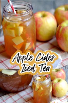 an apple cider iced tea is in a mason jar and on the table are apples