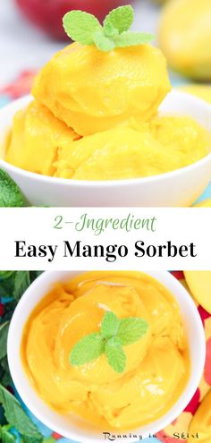 two bowls filled with mango sorbet on top of a colorful table cloth and green leaves