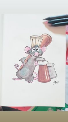 a drawing of a mouse with a chef hat on