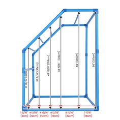 an image of a blue metal frame with measurements for the top and bottom parts on it