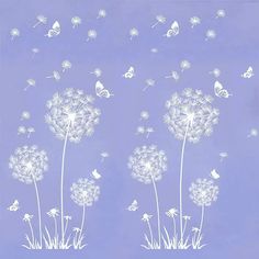 dandelions blowing in the wind on a blue background with butterflies flying above them