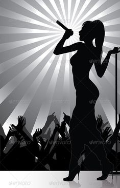 a woman singing into a microphone while standing in front of an audience - people characters