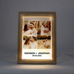 a wooden frame with three photos on it and the words, shannon + jonathan written in white