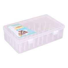 a plastic container with two dividers on the top and one in the bottom, filled with crayons