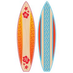 two surfboards with different designs on them