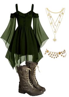 Channel fairycore vibes with a flowing green dress, gold necklace, decorative belt, and boots for a whimsical, earthy look. ✨🌿👗 #Fairycore #EtherealFashion #GreenDress #OutfitInspo Fokelore Outfit, Green Witch Outfit Modern, Enchanted Forest Outfit Ideas Casual, Renfaire Fairy Outfit, Fairy Themed Outfits, Cute Fairy Outfits, Fairycore Winter Outfits, Fairy Fashion Aesthetic