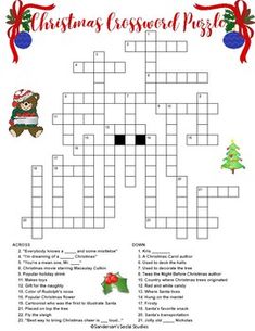 a crossword puzzle with christmas themed items on the front and bottom pages, including a teddy bear