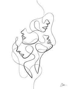 a black and white line drawing of two women's faces, one with her eyes closed