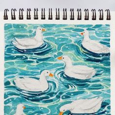 a drawing of three ducks swimming in the water