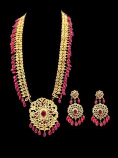 long bridal Pathani haar with earrings made using cz polki and real ruby beads 22carat gold plated Raani Haar Gold Jewellery Designs, Rani Haar Pearl Jewellery Designs, Pearl Rani Haar, Rani Haar Long Necklaces, Rani Haar, Ruby Beads, Silver Jewelry Earrings, Silver Jewelry Pendant, Jewelry Design Necklace