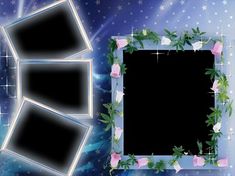 three frames with flowers and stars in the background