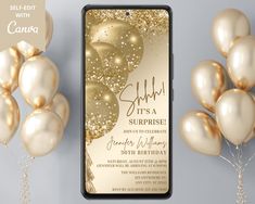 an image of a birthday party with balloons and gold confetti on the phone