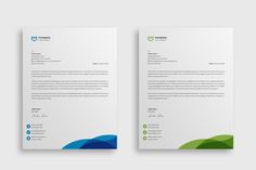 two letterheads with green and blue shapes on the front, one has an image of