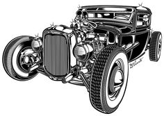 an old fashioned hot rod car with the hood up and front end exposed, in black and white