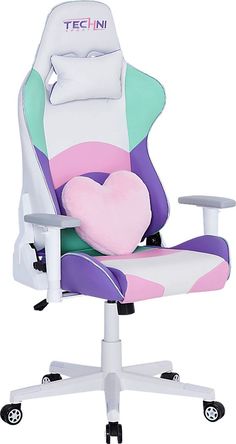 an office chair with a heart shaped pillow on it's armrest and seat cushion