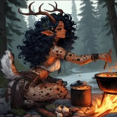 a painting of a woman cooking food over a campfire with antlers on her head