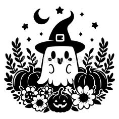 a black and white illustration of a halloween pumpkin with a witch hat on it's head