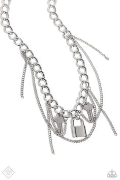 Mismatched silver chains layer down the chest. Featuring a high-metallic sheen, two key charms and a silver lock charm dangle from the upper-most chain while solitaire strands of silver chain sporadically swing and loop through the display, infusing the design with grungy movement. Features an adjustable clasp closure. Sold as one individual necklace. Includes one pair of matching earrings. Paparazzi Accessories Silver Dangle Charm Necklace, Silver Chain Necklace With Lock, Silver Metal Necklace With Lock Detail, Silver Dangle Double Chain Necklace, Silver Double Chain Dangle Necklace, Grungy Style, Key Charms, Latest Jewellery Trends, Lock Necklace