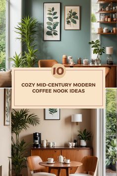 Explore 2 images showcasing stylish Mid-Century Modern coffee nooks with lush plants and warm wooden furnishings. Perfect inspiration for creating a cozy reading or coffee corner.