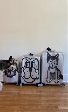 a cat standing next to three suitcases that have drawings on them and one is black and white